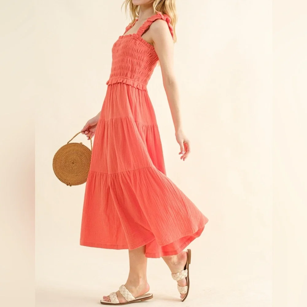 NWT And The Why Coral Pink Smocked Ruffled Tiered Midi Dress - Picture 2 of 4